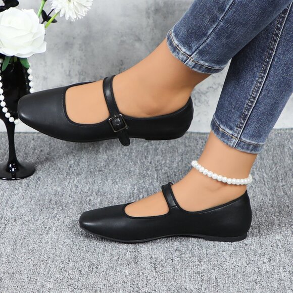 Black Cushioned Insole Classic Mary Jane Ballet Flat Adjustable Ankle Strap - Picture 1 of 11